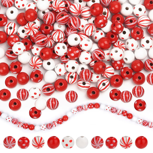 180 Pcs Candy Cane Wood Beads 16mm Christmas Wooden Beads Colorful Round Craft Beads with Holes, Christmas Dotted Striped Farmhouse Spacer Wood Beads for Christmas Party Holiday DIY Garland Jewelry