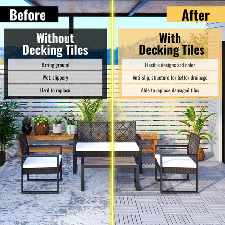 10 PCS Light Gray Acacia Wood Interlocking Deck Tiles, 12" x 12" Outdoor Striped Pattern Flooring for Patio, Balcony, Porch, Garden, Poolside Sailret