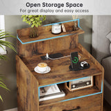 Night Stand, Nightstand with Charging Station, LED Bedside Table with Drawers and Storage Shelf, Modern Wood End Table Side Table for Bedroom, Rustic Brown MONECHO