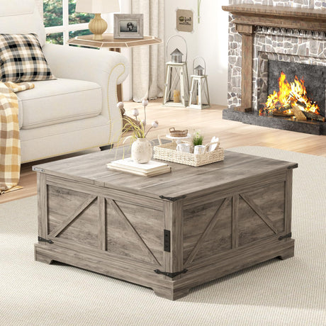 FiveWillowise Coffee Table with Storage, 31.5" W Farmhouse Lift Top Wood Square Center Table with Charging Station, Rustic Cocktail Tables with Flip Top Lids for Living Room, Home Office, Grey FiveWillowise