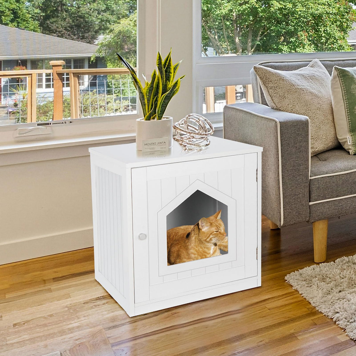 ZENY Cat House & Side Table, Pet Cat Litter Box Enclosure with Vent Holes, Wooden Enclosed Cat Washroom, White ZENY