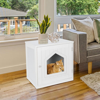 ZENY Cat House & Side Table, Pet Cat Litter Box Enclosure with Vent Holes, Wooden Enclosed Cat Washroom, White - WoodArtSupply