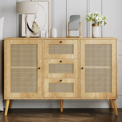 Rattan Cabinet, Boho Accent Cabinet, Buffet Cabinet with Storage, Sideboard Cabinet, Console Table 2 Door and 3 Drawer for Living Room, Dining Room, Entryway Home Decor Oak