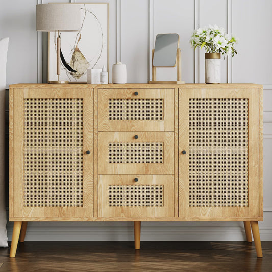 Rattan Cabinet, Boho Accent Cabinet, Buffet Cabinet with Storage, Sideboard Cabinet, Console Table 2 Door and 3 Drawer for Living Room, Dining Room, Entryway Home Decor Oak - WoodArtSupply