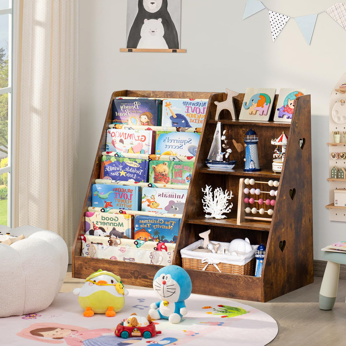 Lerliuo 4 Tier Kids Bookshelf and Storage Organizer, Five Layer Sling Children Bookcase, Baby Toddler Wooden Book Shelf, Display Cabinet for Playroom, Bedroom, Classroom, Nursery, School (Brown) Lerliuo