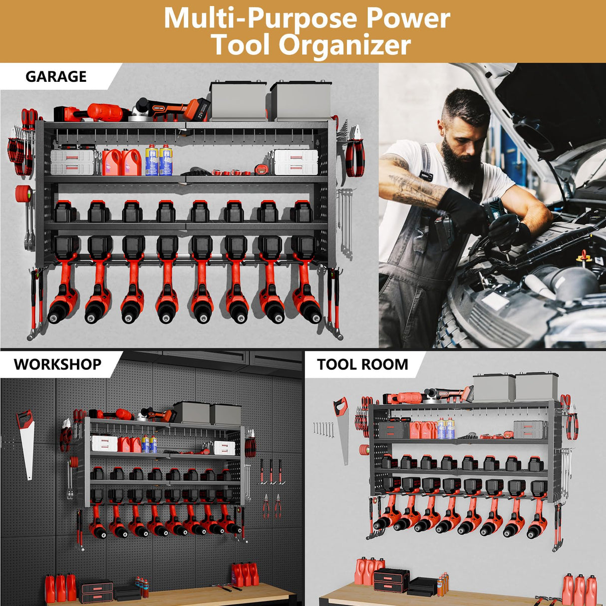 Power Tool Organizer Wall Mount, 4 Layer Heavy Duty Garage organizer Loads 280lbs, Tool Organizers with 8 Drill Hanger, Battery Tools Holder Garage Storage Organization for Workbench, Pegboard, Shed 1R2P3I