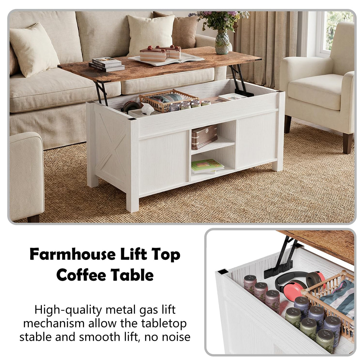 Cakhdry Lift Top Coffee Table with Storage, 47" Farmhouse Coffee Tables with Sliding Barn Door and Lift Tabletop Wooden Rectangle Center Table for Living Room, White Cakhdry