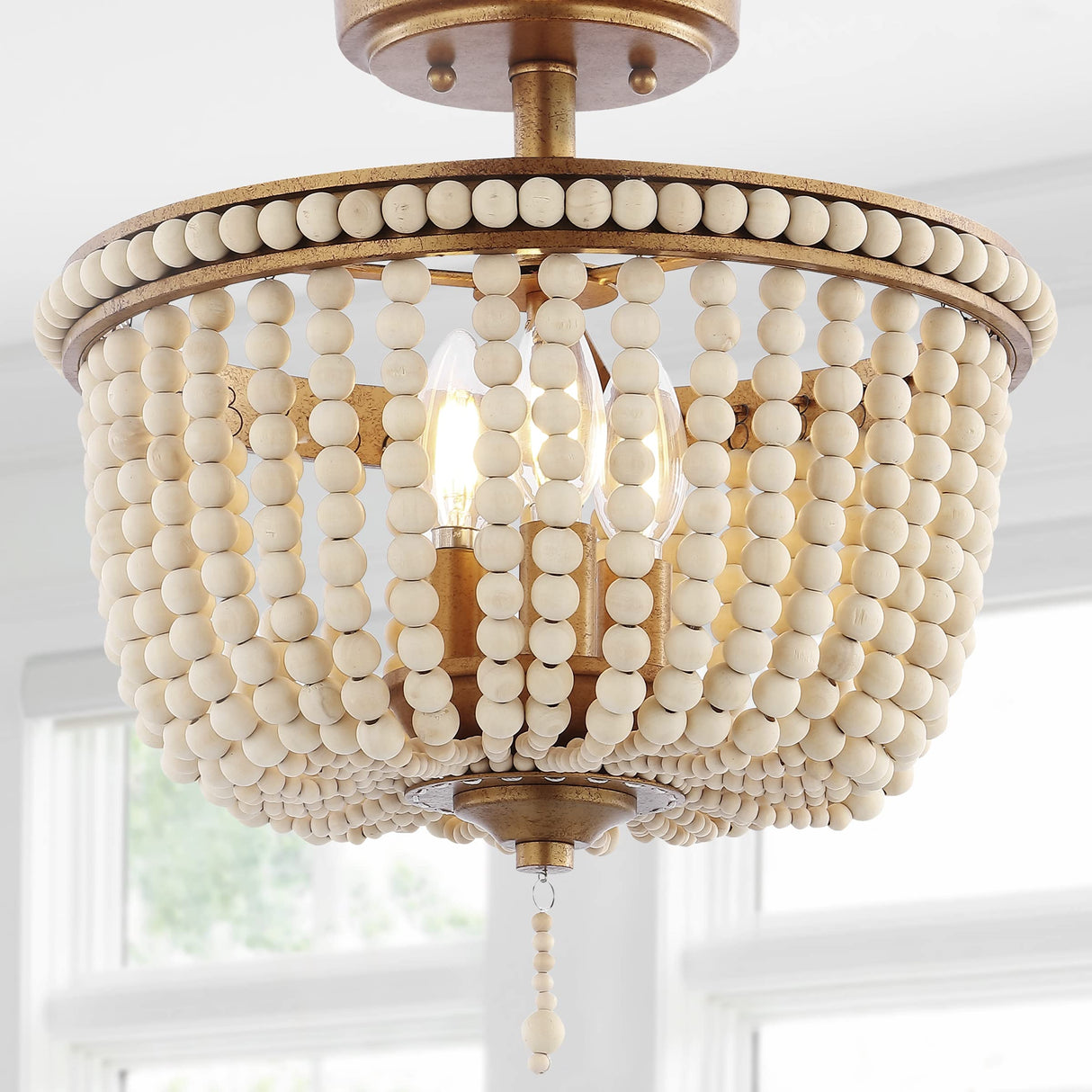 JONATHAN Y JYL9020C Allie 14" 3-Light Bohemian Farmhouse Wood Bead/Iron LED Semi Flush Mount Transitional Rustic Kitchen Hallway Bathroom Bedroom Entryway Foyer, Antique Gold/Light Taupe JONATHAN Y