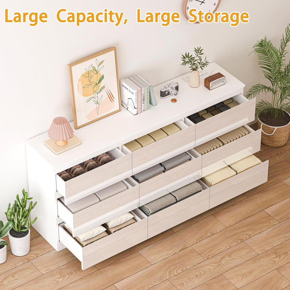 JassmiPkwy 70 INCH 9 Drawers Dresser with Power Outlet, Wide High Gloss Chest of Drawers Large, Modern Storage Drawer Dresser for Bedroom, White JassmiPkwy