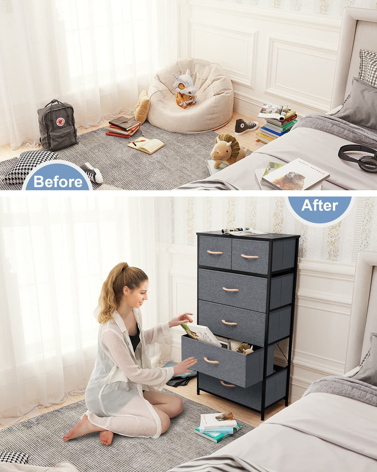 Crestlive Products Vertical Dresser Storage Tower - Sturdy Steel Frame, Wood Top, Easy Pull Fabric Bins, Wood Handles - Organizer Unit for Bedroom, Hallway, Entryway, Closets - 6 Drawers (Gray) Crestlive Products