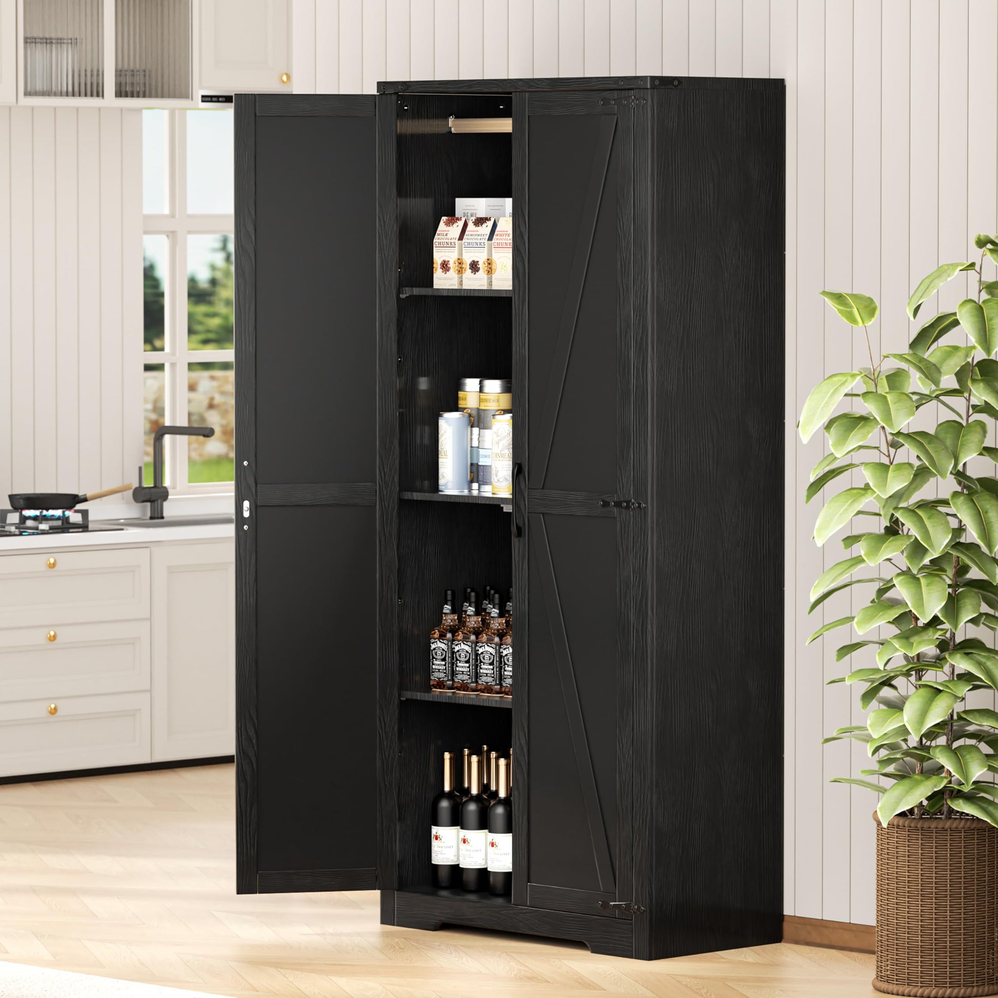 INTERGREAT 72”Tall Storage Cabinet, Wood Wardrobe Closet with 2 Barn Doors and Adjustable Shelves, Large Pantry Cabinet for Bedroom, Bathroom, Kitchen,Black - WoodArtSupply