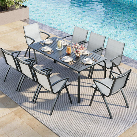 SLEKVERSA 9 Piece Outdoor Patio Dining Set with Umbrella Hole, Outdoor Dining Set with 71" Aluminum Table & Aluminum Sling Back Chair, Outdoor Patio Furniture Sets for 8 People (9 Piece) SLEKVERSA