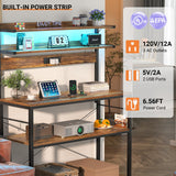 Aheaplus Bakers Rack with Power Outlet, Microwave Stand, 5 Tiers Coffee Bar Station with Led Lights, Kitchen Storage Shelf with 6 S-Shaped Hooks, Kitchen Rack Coffee Bar Stand, Rustic Brown Aheaplus