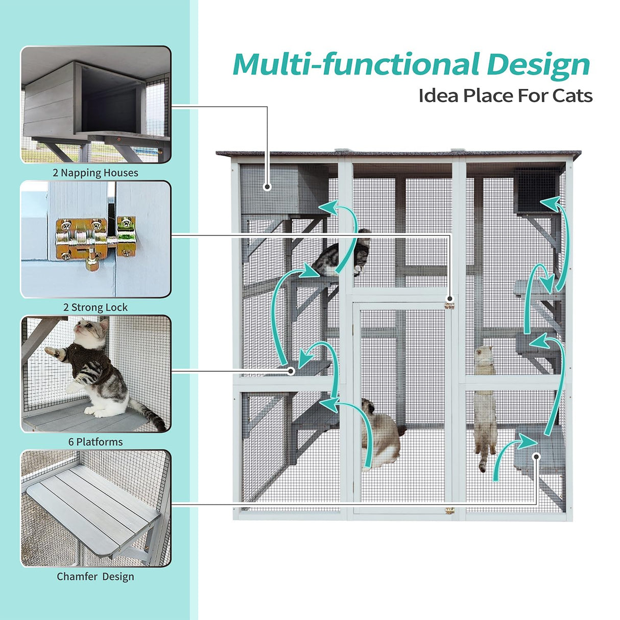 Miscoos Outdoor Wooden Cat Catio - Large Solid Wood Cat Cage Playpen with 8 Jumping Platforms & 2 Napping Houses, Walk-in Cat Kennel Condo Shelter, White Miscoos