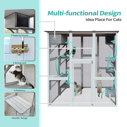 Miscoos Outdoor Wooden Cat Catio - Large Solid Wood Cat Cage Playpen with 8 Jumping Platforms & 2 Napping Houses, Walk-in Cat Kennel Condo Shelter, White