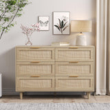 Angel Sar Rattan Dresser for Bedroom, 6 Drawer Wide Dresser, Boho&Farmhouse Chest of Drawers, 43" Clothes Storage Cabinet, Metal Handle&Wood Legs for Hallway, Living Room, Bedroom, Wood Angel Sar