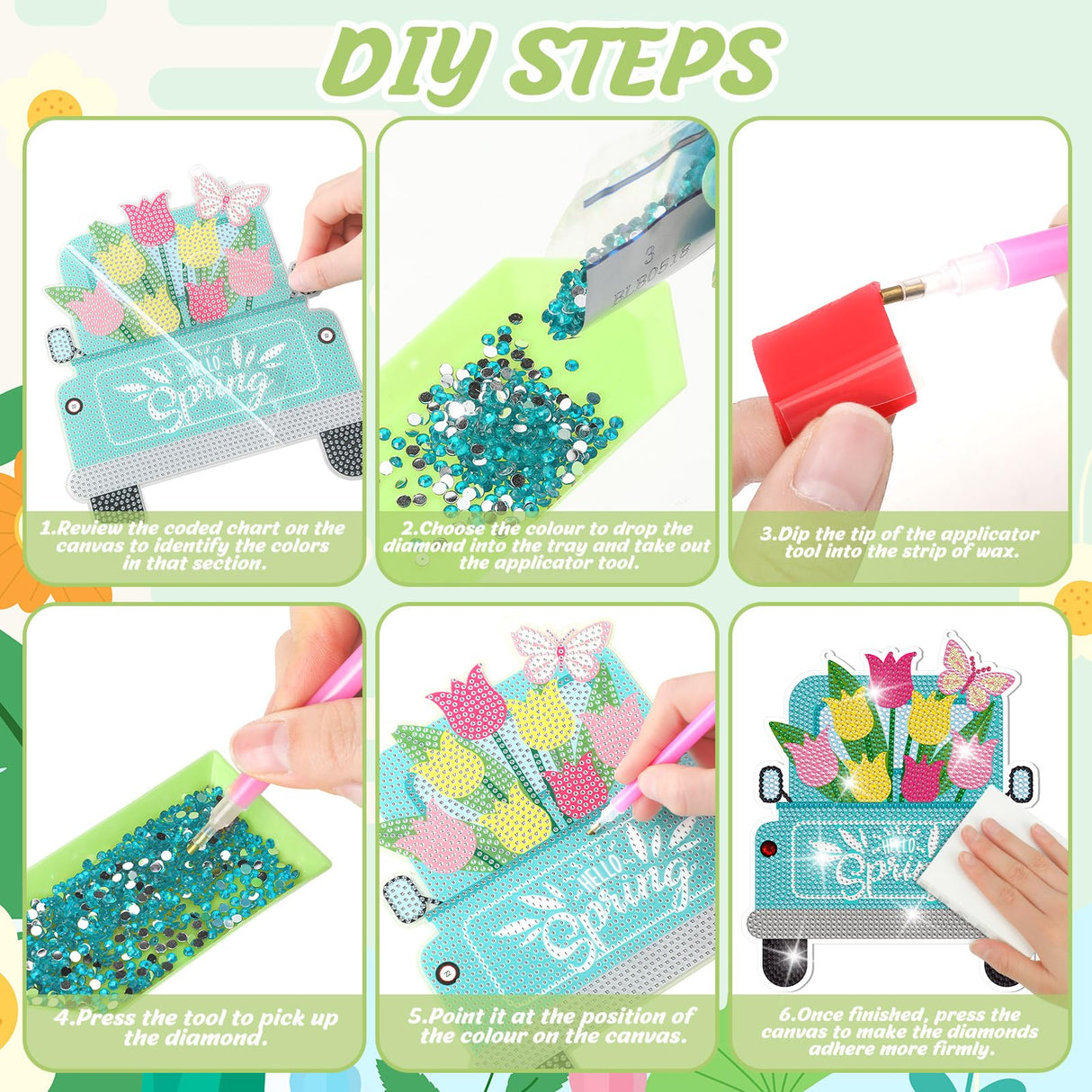 Menkxi 3 Pcs Spring Diamond Painting Kits Hanging Gnome Truck Shower Head DIY Round Diamond Art Kits Gnome Diamond Painting Kits Spring Ornaments Hanging Sign for Adults Beginners DIY Home Wall Menkxi