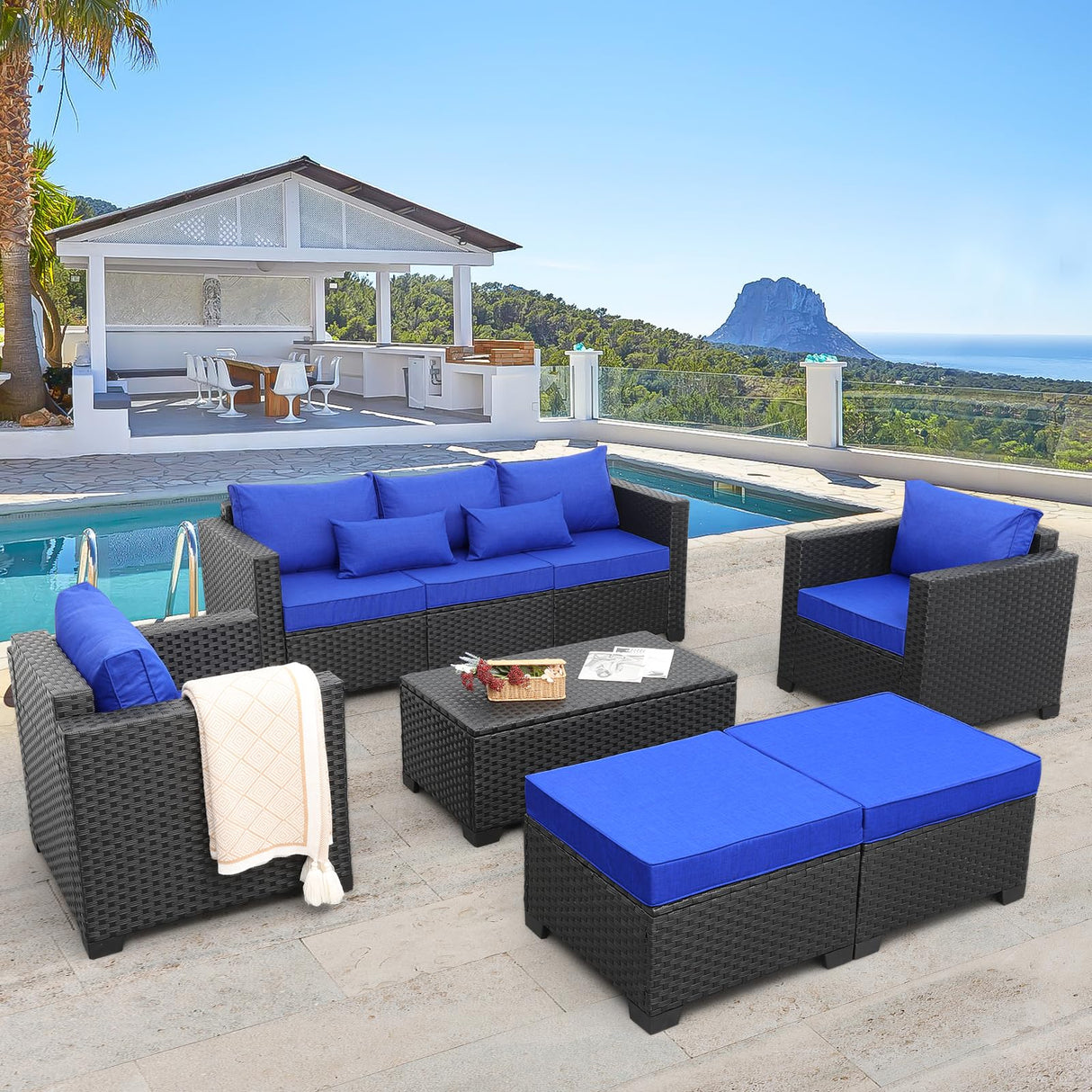 6 Pieces Patio Wicker Furniture Set Outdoor PE Rattan Conversation Couch Sectional Chair Sofa Set with Royal Blue Cushions Rattaner
