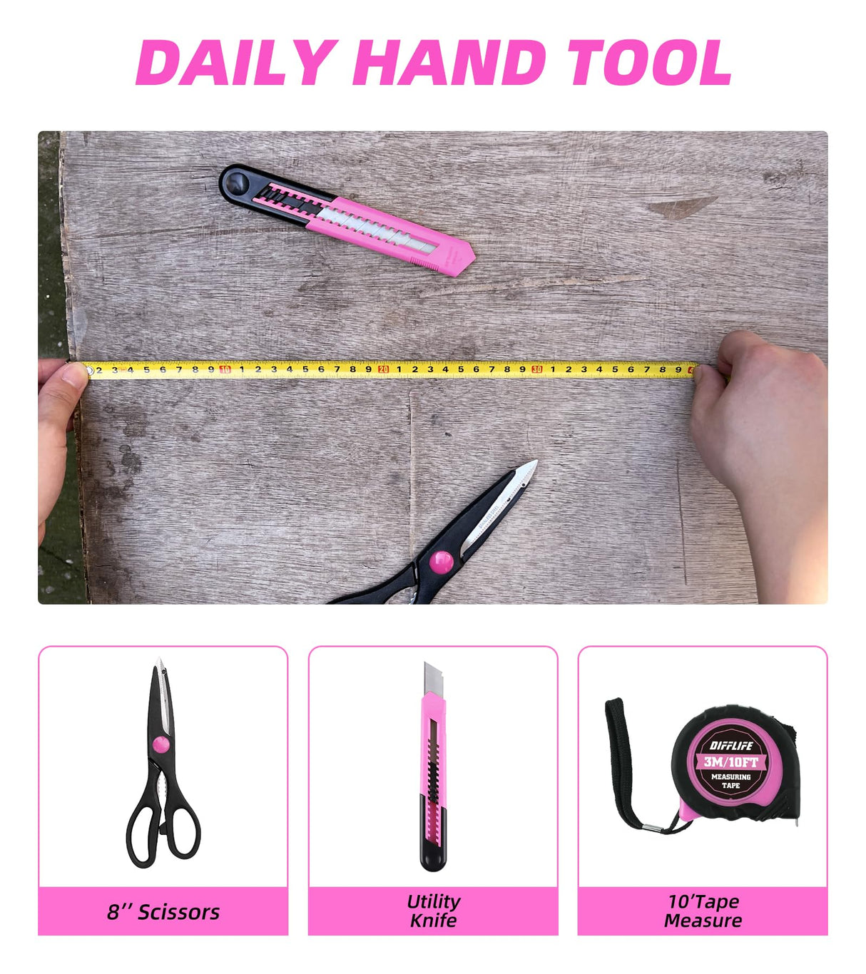 DIFFLIFE Tool Set Pink-40 Piece - General Household Hand Tool Kit with Plastic Toolbox Storage Case(Pink) DIFFLIFE