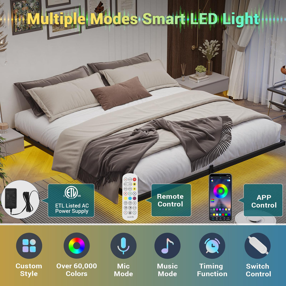 Hasuit King Size Floating Bed Frame with LED Lights - Modern Metal Platform Design, No Box Spring Required, Easy Assembly Hasuit