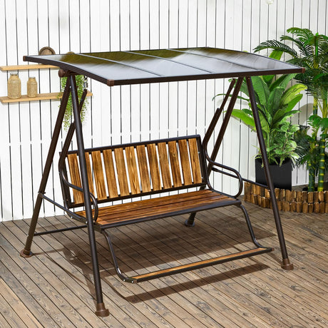 YOLENY Outdoor Porch Swing with Hardtop, 3 Seat Patio Swing Bench with Foot Support, Porch Swing with Wooden Seat for Front Porch Lawn YOLENY