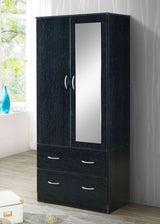 HODEDAH 2 Door Wood Wardrobe Bedroom Closet with Clothing Rod inside Cabinet, 2 Drawers for Storage and Mirror, Black Hodedah