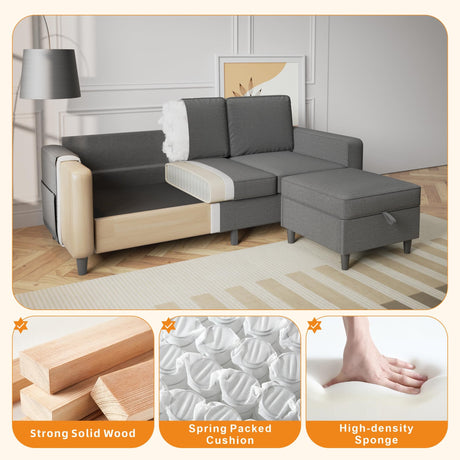 Sectional Sofa Couches for Living Room - 78'' Dark Grey 3 Seat L-Shaped Couch with Storage Ottoman, Modern Linen Convertible Sectionals Sofas with Chaise for Apartment, Office, Small Space Lonkwa
