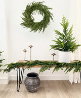 ENVEN Real Touch Norfolk Pine Christmas Garland and Wreath Set, 24IN Green Wreath and Christmas Garland Artificial Faux Greenery Norfolk Pine for Holiday Indoor Mantle Decor (6FT - 24IN) ENVEN