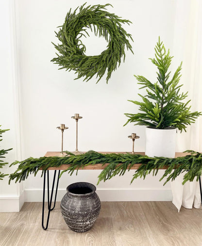 ENVEN Real Touch Norfolk Pine Christmas Garland and Wreath Set, 24IN Green Wreath and Christmas Garland Artificial Faux Greenery Norfolk Pine for Holiday Indoor Mantle Decor (6FT - 24IN)