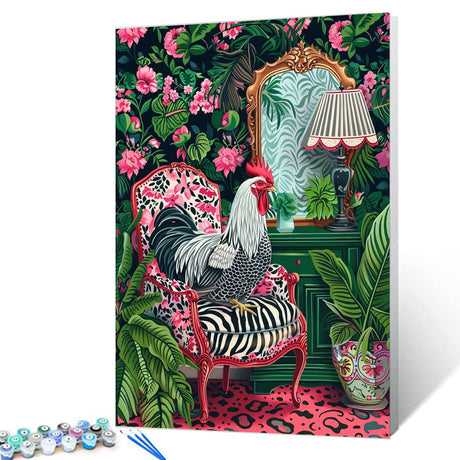Rooster Animal Paint by Number Chicken Sitting on Sofa Paint by Number Kit Beginner Botanical Room Painting on Canvas Funny Pink Set for Home Decor and Gift for Festival 16''W x 20''H (No Framed) Tucocoo