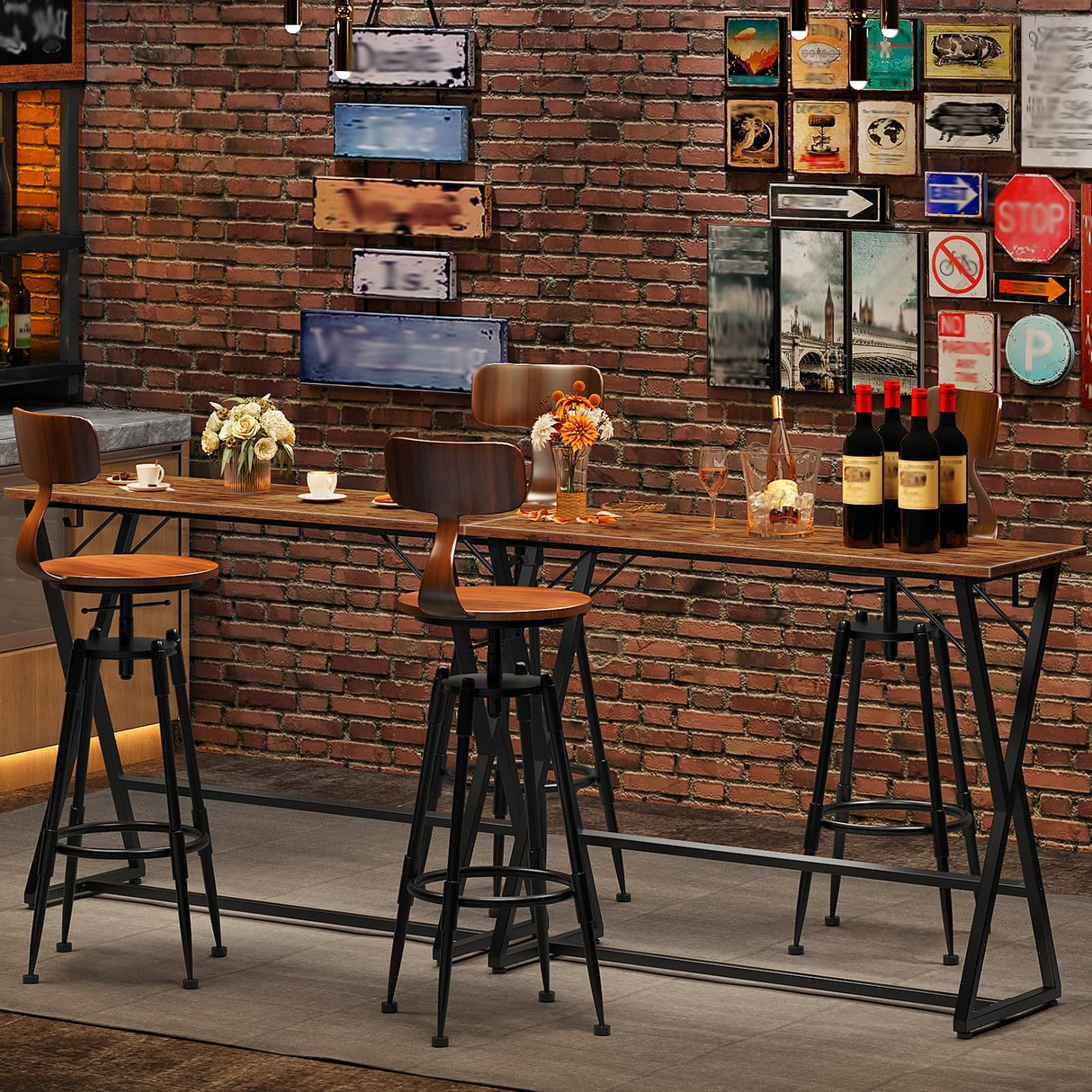 HOOBRO 39.4 Inch Bar Table, Counter Height Rectangular Bar Table, Pub Dining Table, Metal Frame with Footrest and 2 Hooks, for Narrow Space, Bistro and Living Room, Rustic Brown and Black BF67BT01 HOOBRO