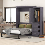 SOFTSEA Full Size Murphy Bed with Wardrobe, Farmhouse Wall Bed Frame with Storage Drawers, Can be Folded into a Cabinet, No Box Spring Needed, Grey SOFTSEA