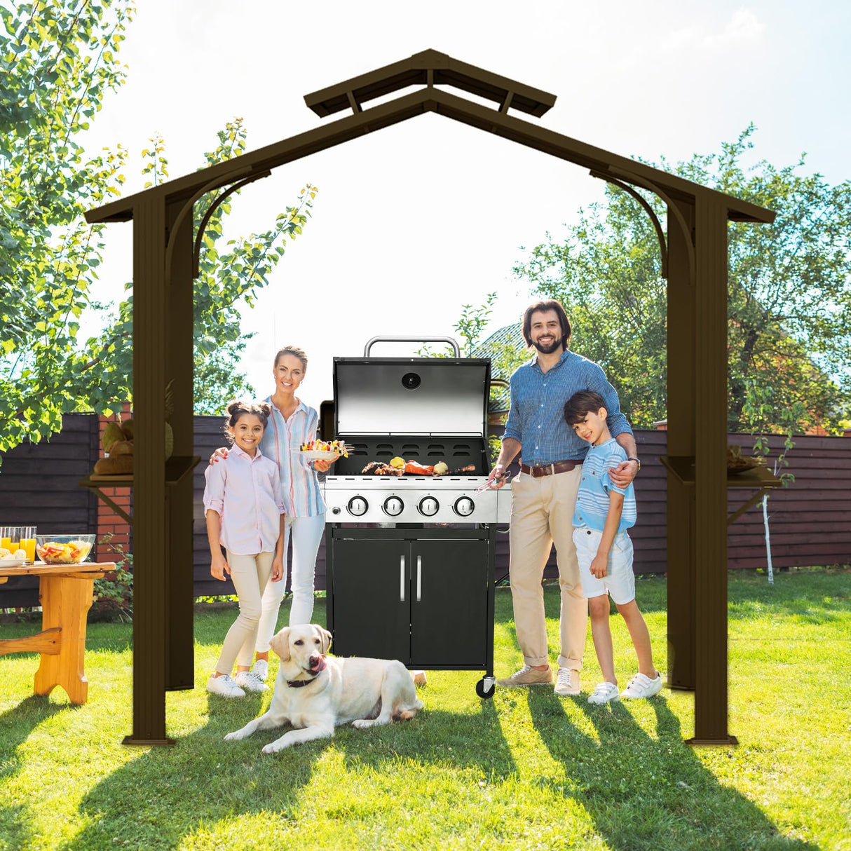EROMMY 8' x 5' Hardtop Grill Gazebo, Outdoor Metal BBQ Gazebo with Double Galvanized Steel Gable Roof, Permanent Grill Canopy with Side Shelves for Patio Deck Lawn Backyard Garden (Brown) EROMMY