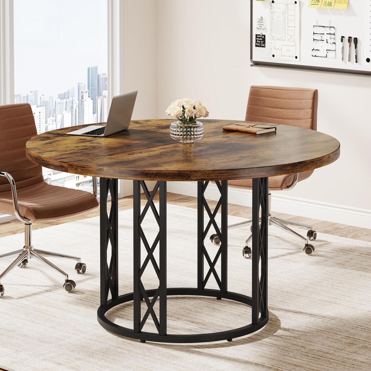 Tribesigns 47" Round Conference Table, Round Business Meeting Table with Metal Base, Small Seminar Table Reception Negotiation for Office Meeting Conference Room - WoodArtSupply