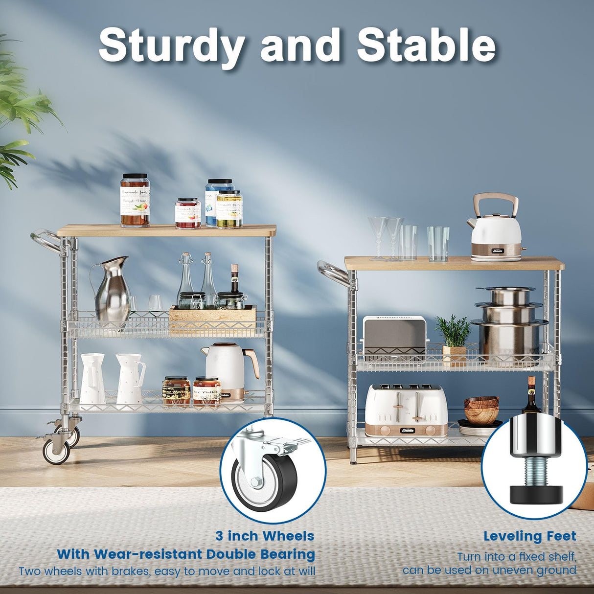 Leteuke Rolling Kitchen Carts with Wheels, 34" L x 17.5" W, 3-Tier Heavy Duty Utility Cart with Wood Tabletop, NSF Commercial Metal Serving Cart with Handle and Shelf Liner for Kitchen, Chrome Leteuke