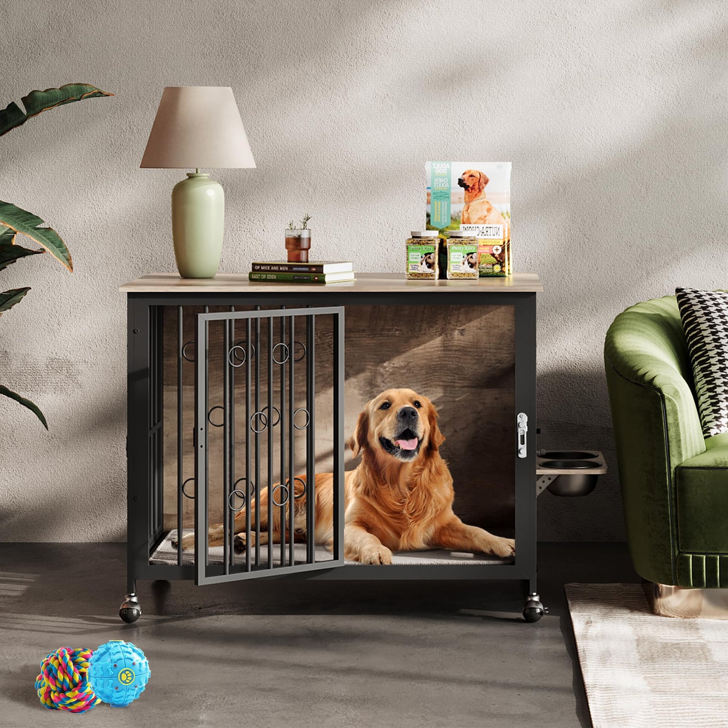 37.4'' Dog Crate Furniture, Wooden Dog Kennel End Table with Cushion, Rolling Casters, and 2 Bowls, Heavy Duty Dog Crate TV Stand for Medium Dog, 37''L x 24''W x 29''H, Inner Height 24'', Greige