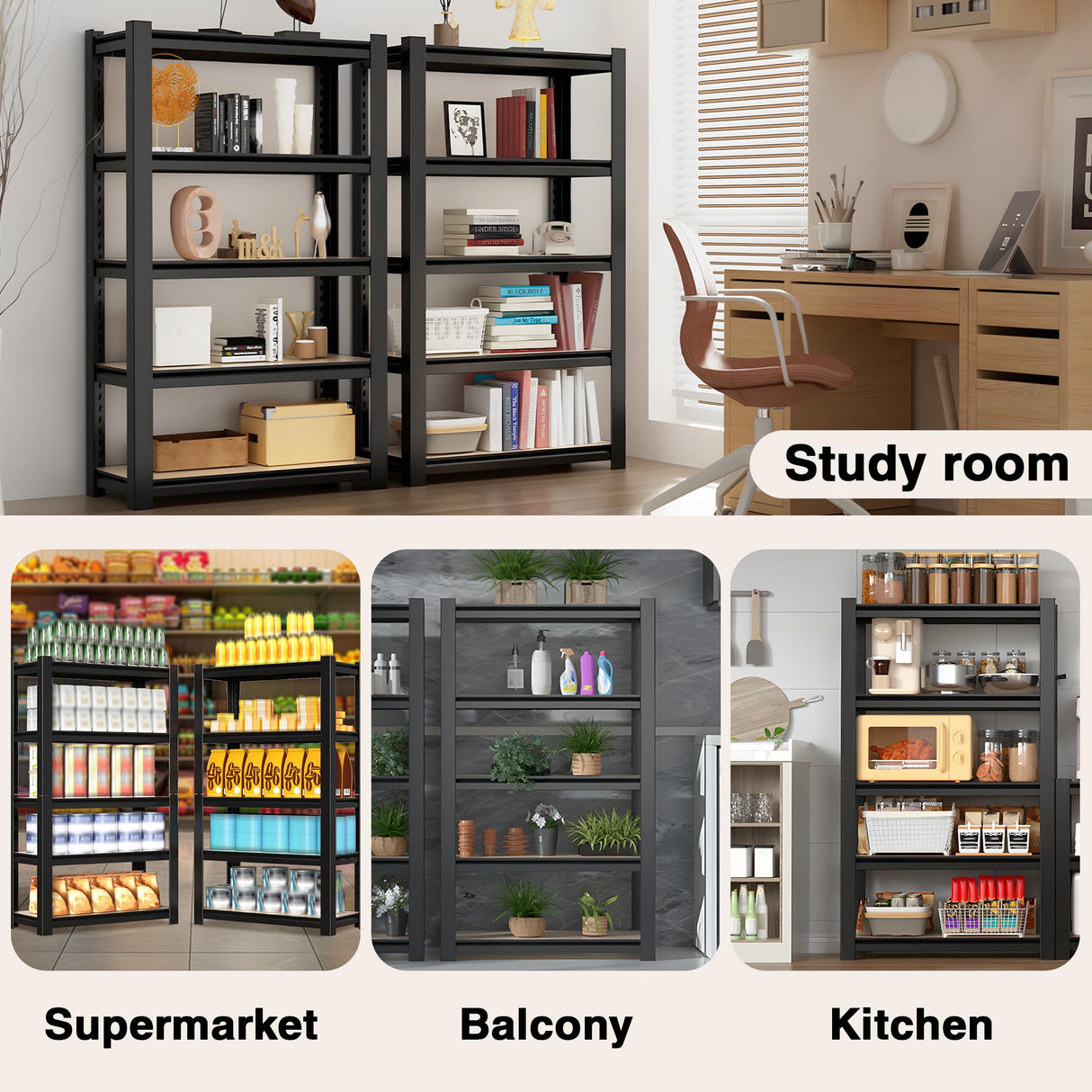 WORKPRO House 5-Tier Shelving Unit, 3000lbs Adjustable Storage Shelves, Boltless Book Shelf, Shelf Organizer for Kitchen, Living Room, Bathroom, Wood Grain Pattern, Waterproof Board, 24-1/10"W, Black WORKPRO