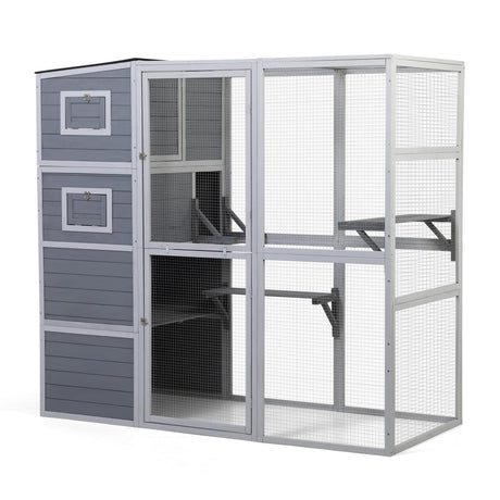Outdoor Enclosure, 4-Tier Large Cat Catio with Weatherproof Roof, 2 Resting Rooms, 2 Platforms, Walk in Cat Cage Cat House, Wood (Grey) Nyeekoy