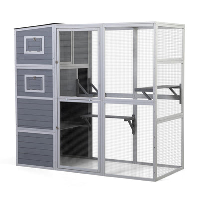 Outdoor Enclosure, 4-Tier Large Cat Catio with Weatherproof Roof, 2 Resting Rooms, 2 Platforms, Walk in Cat Cage Cat House, Wood (Grey)