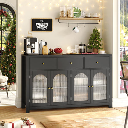 finetones Buffet Cabinet with Storage, 55.1" Large Sideboard Buffet Cabinet, Farmhouse Kitchen Cabinet Display Cabinet with 3 Drawers and 4 Doors, Wood Coffee Bar Cabinet for Kitchen, Black - WoodArtSupply