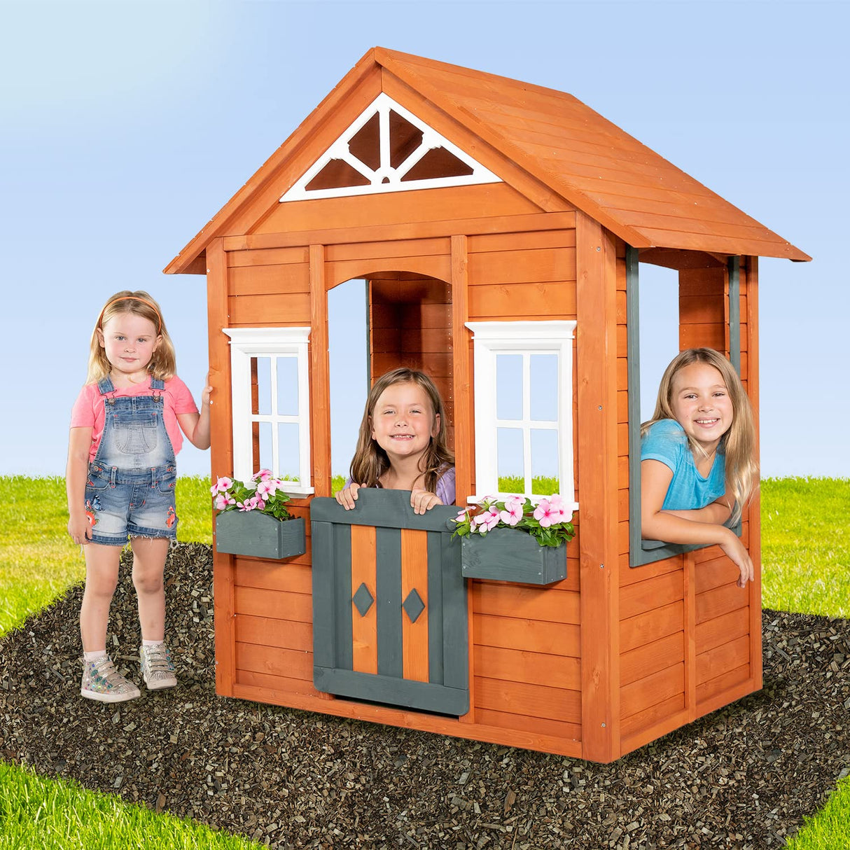 Sportspower Woodbridge Wooden Outdoor Backyard Playhouse with Flower Boxes, Red Sportspower