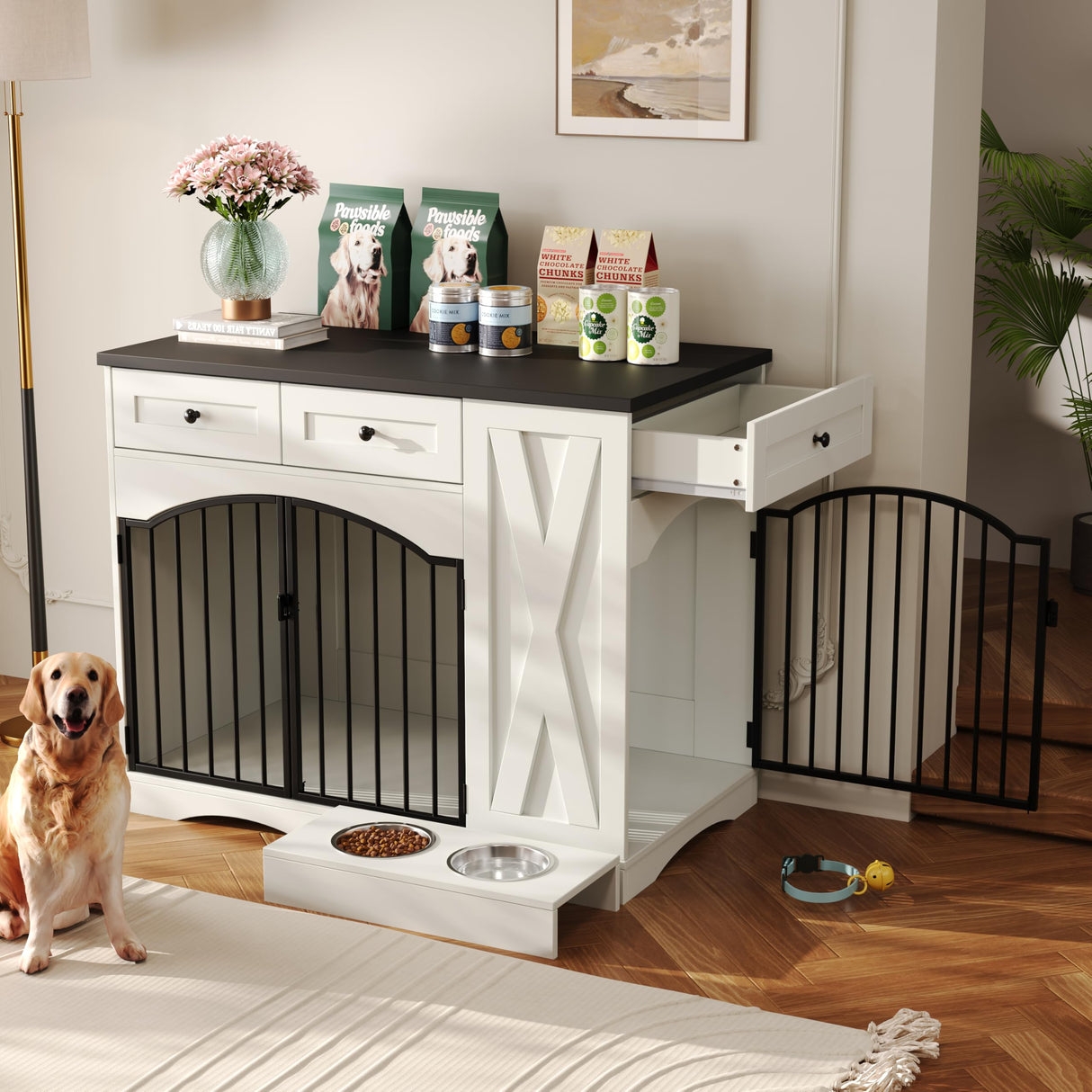 43.3" Farmhouse Dog Crate Furniture - Heavy Duty Indoor Wooden Kennel with 3 Drawers, Removable Feeder & End Table Design for Medium/Large Dogs (Black&White) MoBtovs
