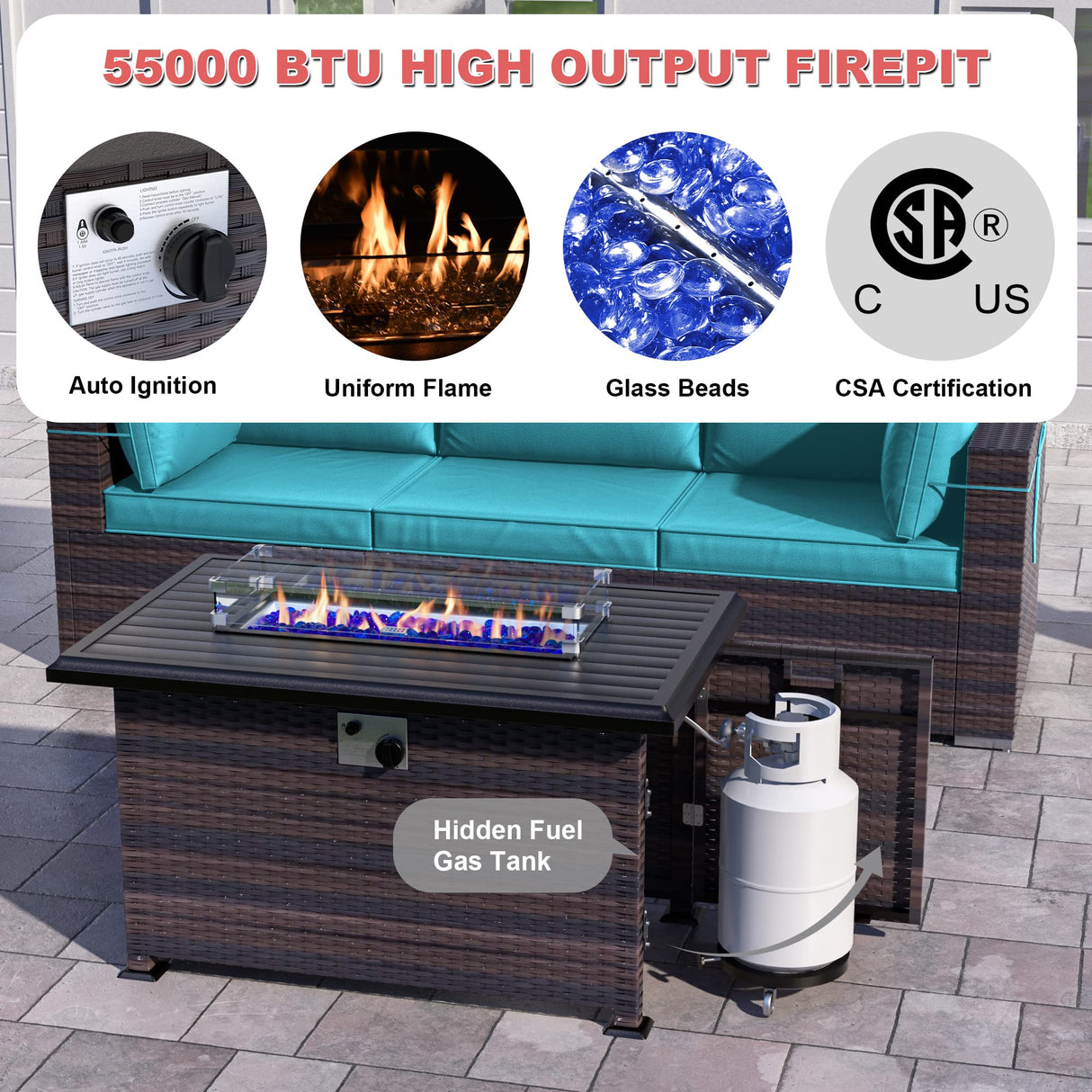 Kurapika 11 Pieces Patio Furniture Set, Rattan Wicker Outdoor Conversation Sets w/43in Propane Fire Pit Table, Swivel Rocking Chairs Patio Sectional Sofa w/4 Inch Cushion, Blue Kurapika