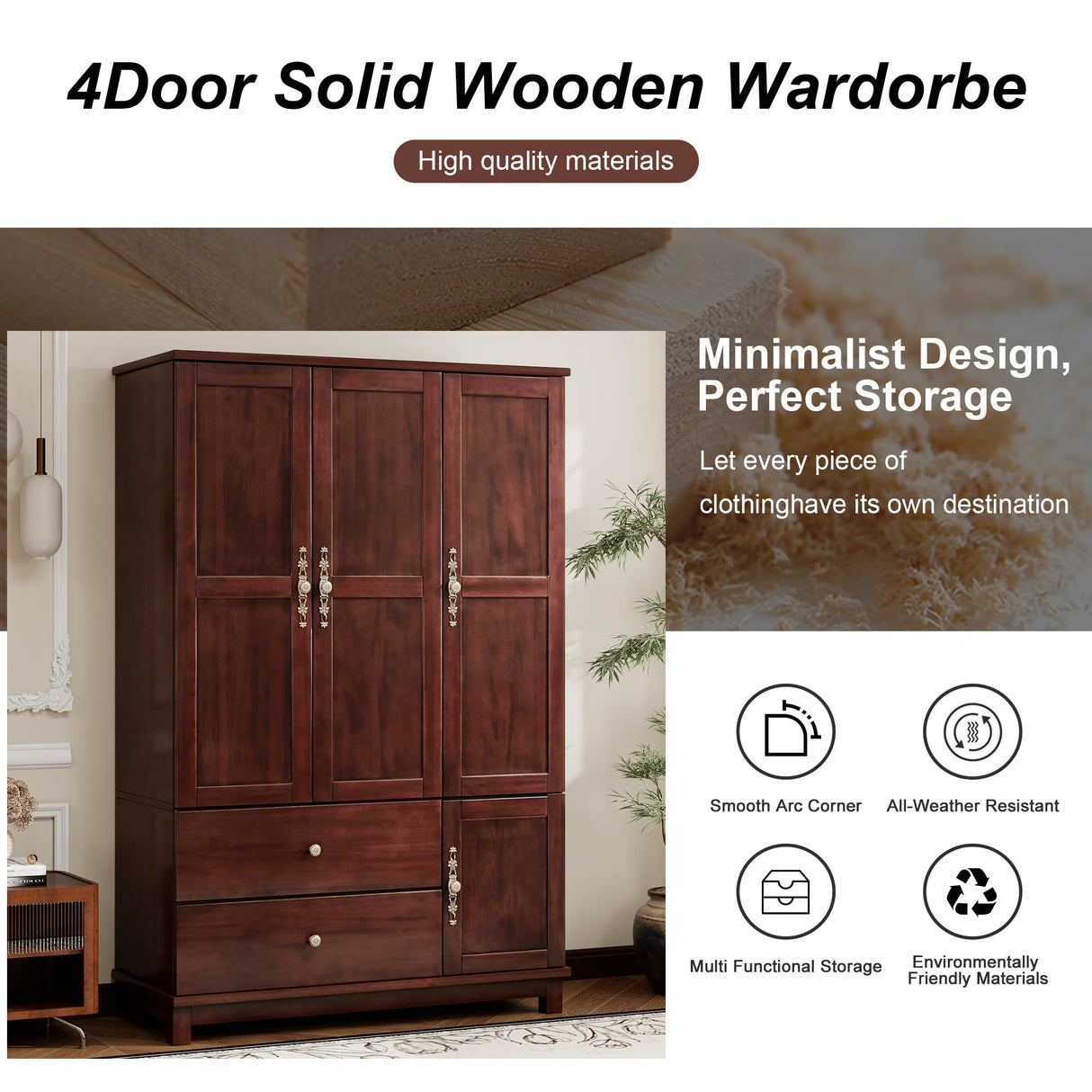 EITACHUL Solid Wood Brown Armoire Wardrobe Closet: 3 Door Solid Wood Wardrobe Cabinet with 2 Drawers, Armoire Closet with Hanging Rods Storing Clothes for Bedroom EITACHUL