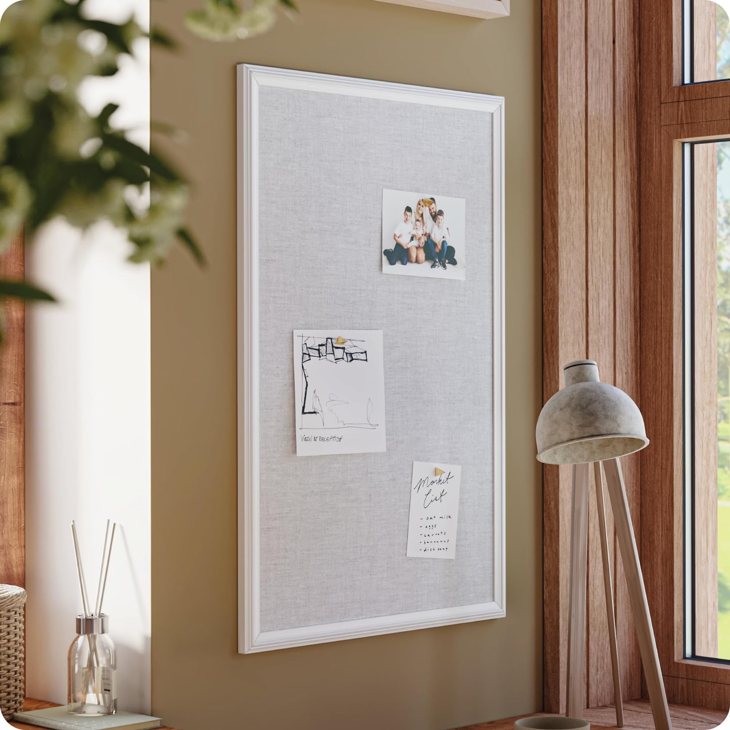 U Brands Farmhouse Linen Bulletin Board, 30"x20", White Wood Style Frame, Includes Push Pins