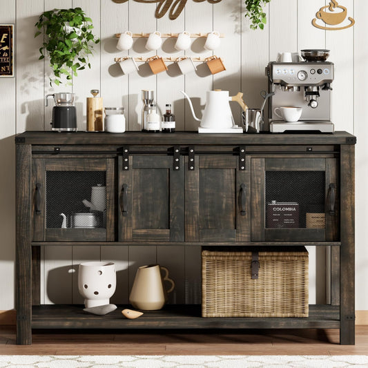 4ever2buy Buffet Cabinet with Storage, Farmhouse Coffee Bar Table with Sliding Barn Door, 47" Console Table with Metal Mesh Doors, Brown Coffee Bar Cabinet with Bottom Open Shelf, Living Room - WoodArtSupply