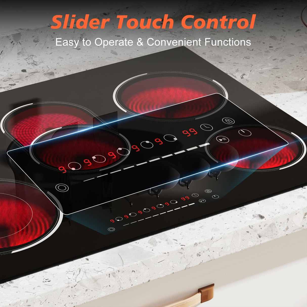 Traenvir 30 Inch Electric Cooktop, 5 Burner 8400W Built-in Electric Stovetop, Ceramic Cooktop with Expanded Zone, Slide Touch Control, Timer, Child Safety Lock, Pause, 220V - 240V Hard Wire, No Plug Traenvir