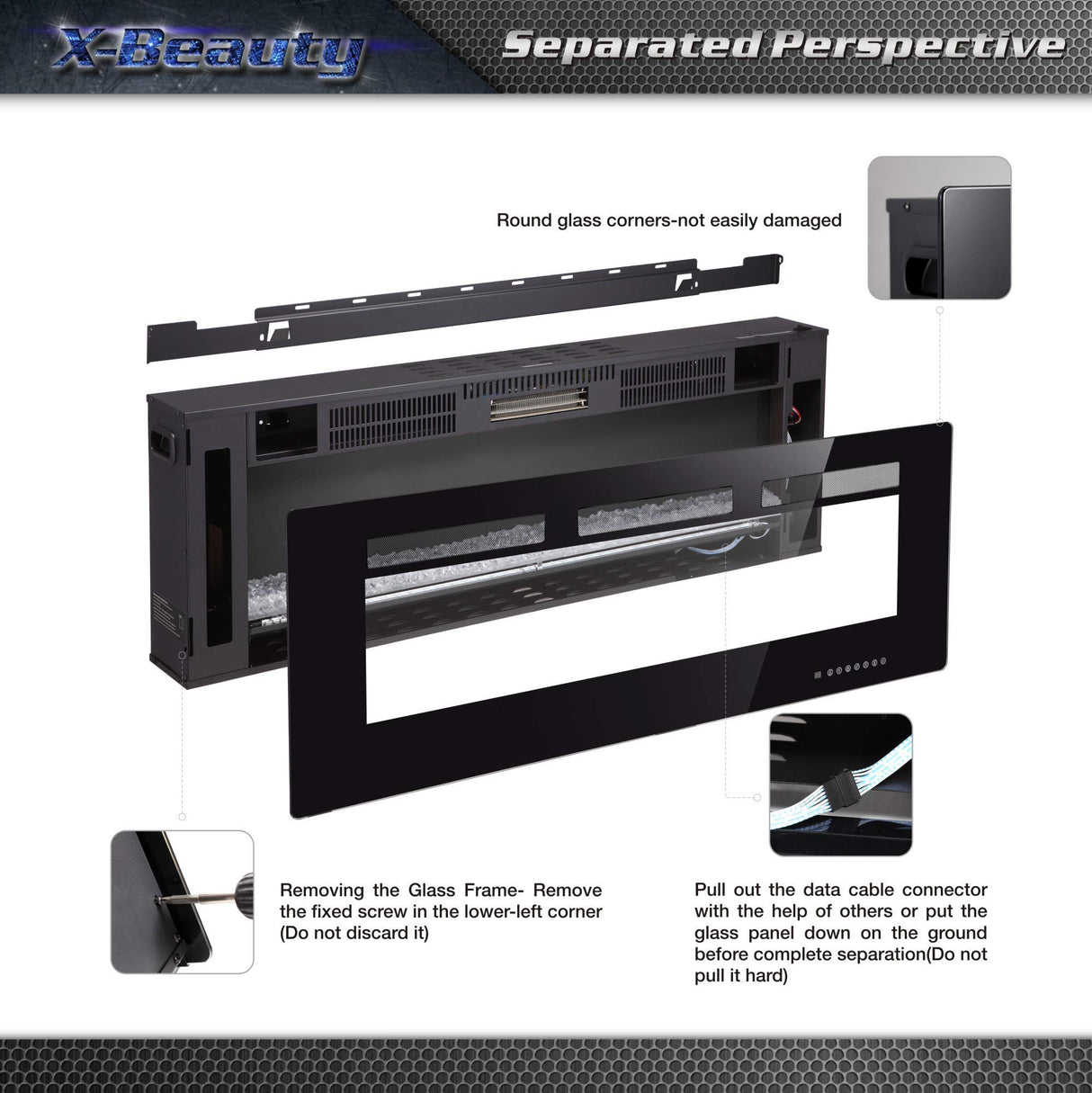 50" Electric Fireplace in-Wall Recessed and Wall Mounted 1500W Fireplace Heater and Linear Fireplace with Timer/Multicolor Flames/Touch Screen/Remote Control (Black) Xbeauty