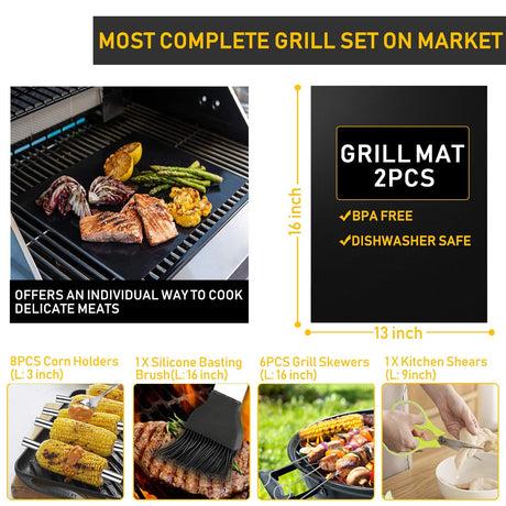 34Pcs Grill Accessories Grilling Gifts for Men, 16 Inches Heavy Duty BBQ Accessories, Stainless Steel Grill Tools with Thermometer, Grill Mats for Backyard, BBQ Set for Men Women Taimasi