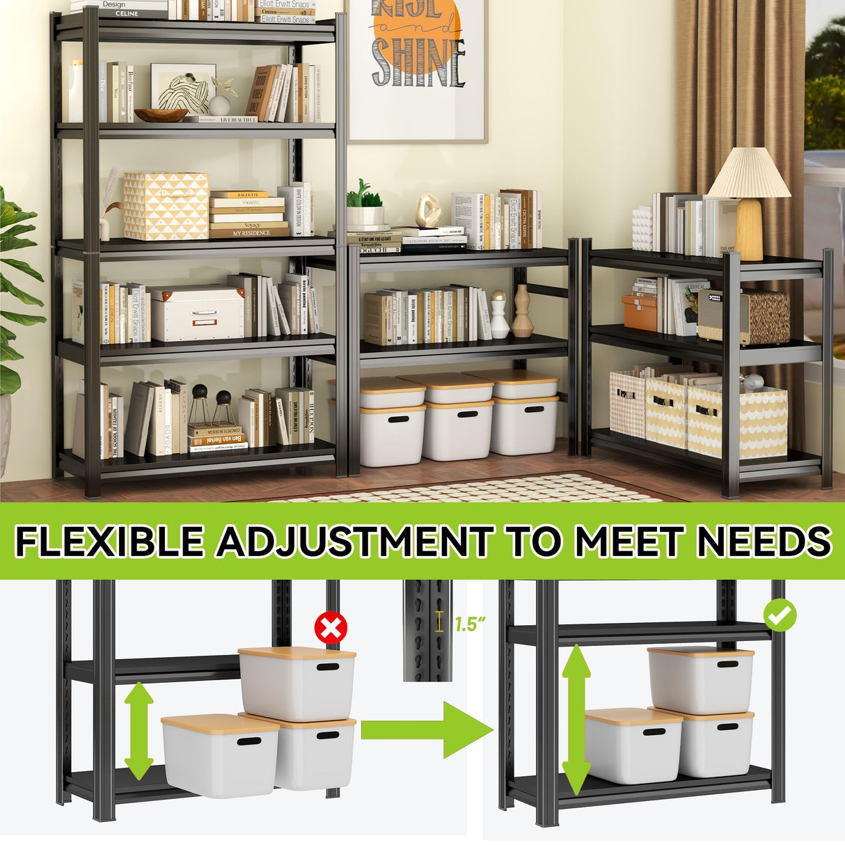 Notmise Book Shelf 6-Tier Tall Bookshelves Metal, Industrial Adjustable Storage Black, Easy to Assemble for Bedroom (78" H * 39.3" W * 15.7" D) Notmise